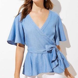 LOFT 🥳3xHP🎉 Chambray Wrap Peplum Top NWT Sz LP